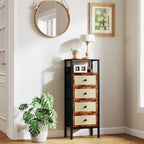 Cómoda de Tecido Cómoda para Dormitório com 4 Gavetas com Frente em Vime Prateleira e Estrutura em Aço para Sala de Estar 50x30x126 cm Marrom Rústico — foto 2