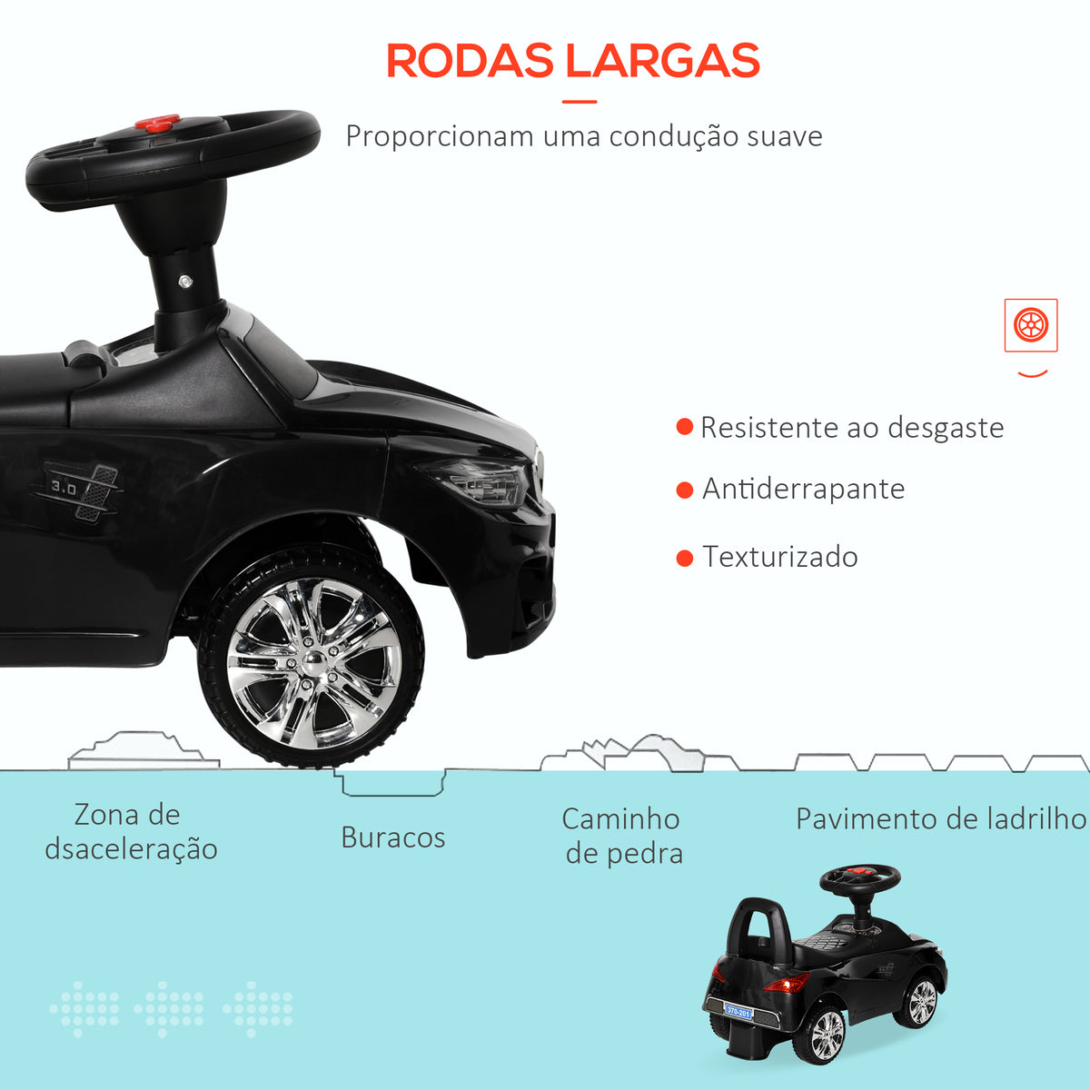 Carro Andador para Crianças de 18-36 Meses com Faróis Música Buzina Volante Compartimento de Armazenamento e Alça para Empurrar 63,5x28x36 cm Preto — foto 5