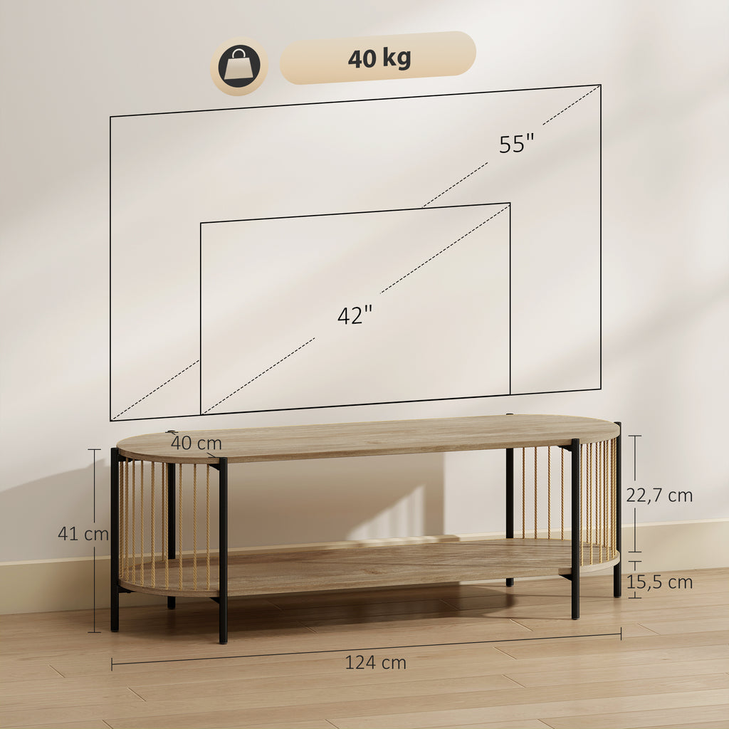 Móvel de TV Estilo Boémio Móvel de TV até 55 Polegadas com Detalhes em Corda de Papel e 2 Prateleiras Abertas para Sala de Estar Quarto 124x43,5x41 cm Madeira — foto 3