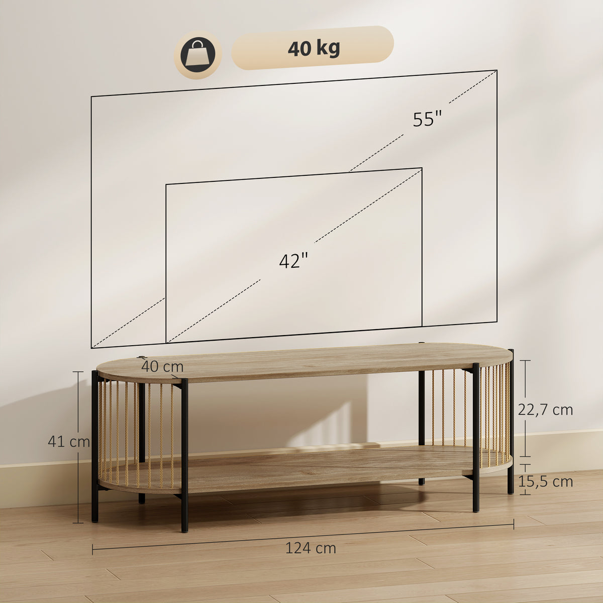 Móvel de TV Estilo Boémio Móvel de TV até 55 Polegadas com Detalhes em Corda de Papel e 2 Prateleiras Abertas para Sala de Estar Quarto 124x43,5x41 cm Madeira — foto 3