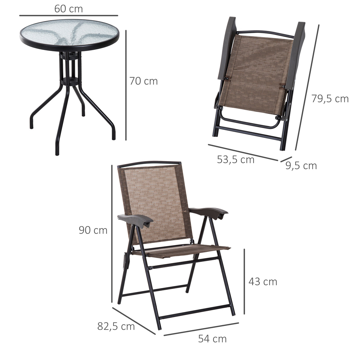 Conjunto de Mesa e 2 Cadeiras Cadeira Dobrável Encosto Reclináveis a 4 Níveis Armação de Aço Marrom — foto 3