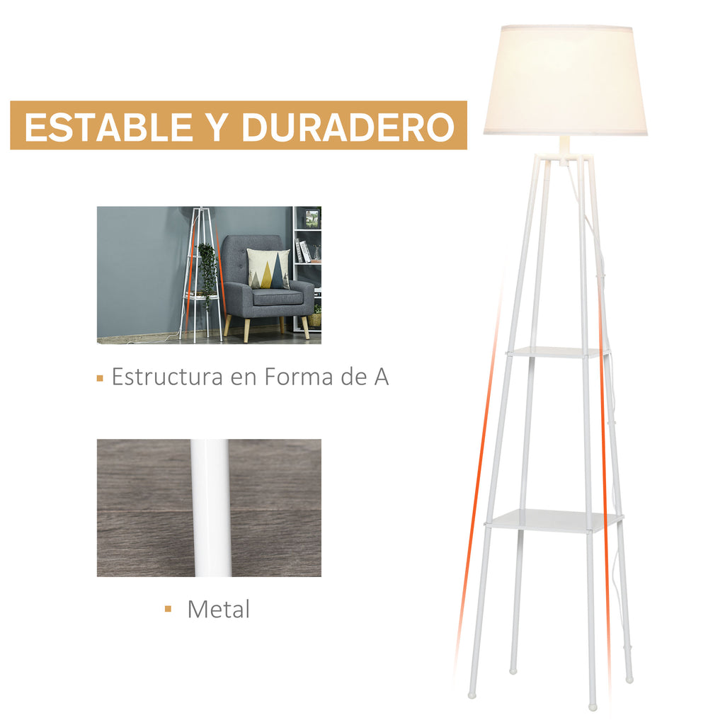 Lâmpada de pé Tripé de metal Soquete E27 de Máximo 40W com tela de linho e prateleira de 2 níveis 35,5x35,5x158 cm Branco — foto 6