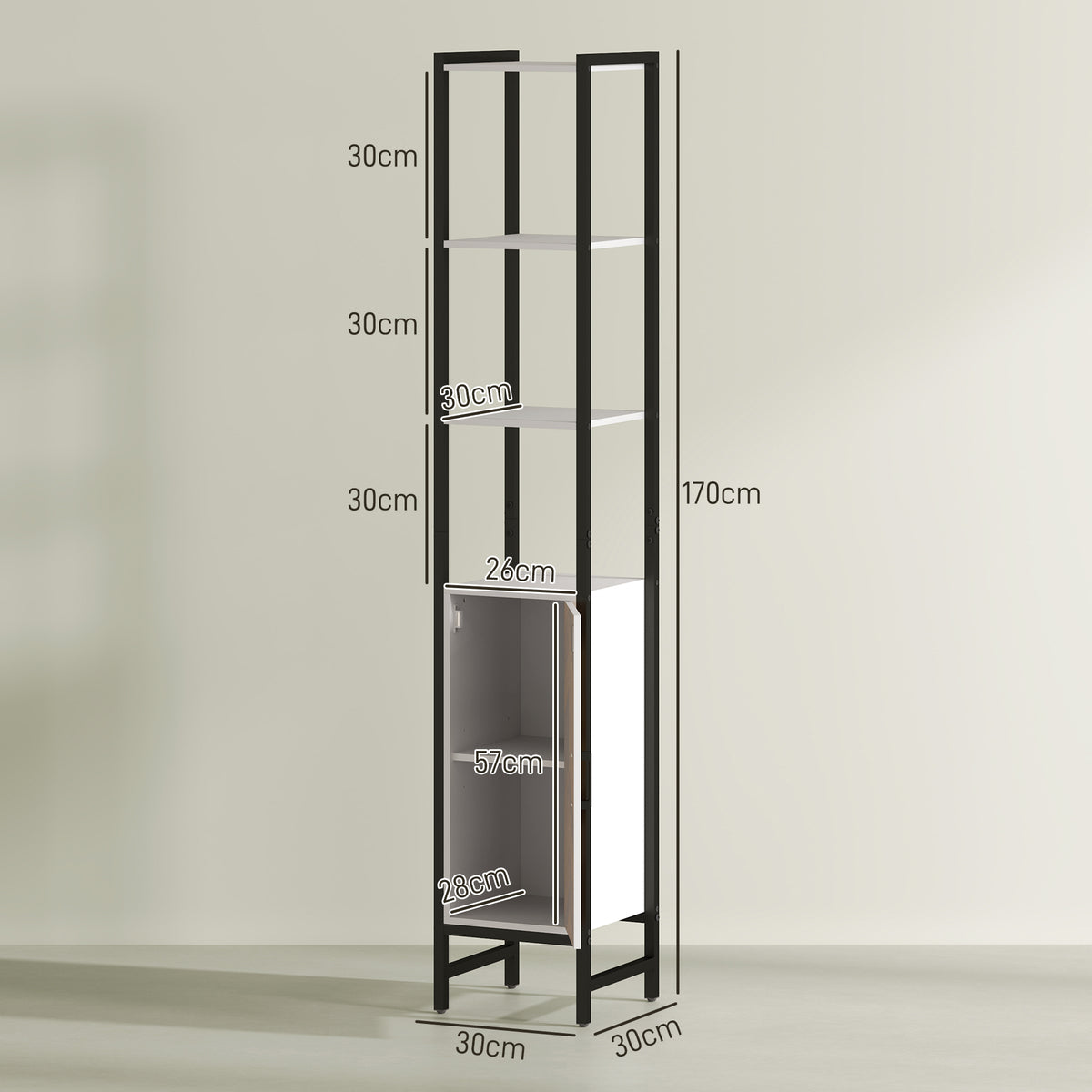 Coluna Casa de Banho Armário Alto Casa de Banho com 3 Prateleiras Abertas 1 Porta e Prateleira Ajustável Móvel Auxiliar Casa de Banho com Sistema Anti-Tombo 30x30x170 cm Branco e Madeira — foto 3