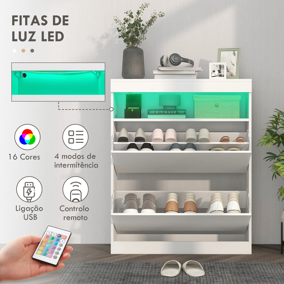 Móvel Sapateira de Entrada Armário Sapateira com Luzes LED Prateleira Aberta e 2 Gavetas Basculantes para 12-16 Pares de Sapatos 80x24x99,5 cm Branco Brilhante — foto 5