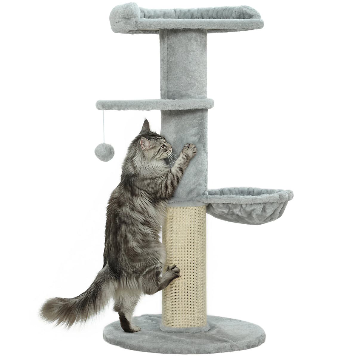 Arranhador para Gatos 103,5 cm Torre para Gatos com Cama Rede Plataforma Poste de Sisal Extra Grosso Bola Pendurada Cinza Claro — foto 1