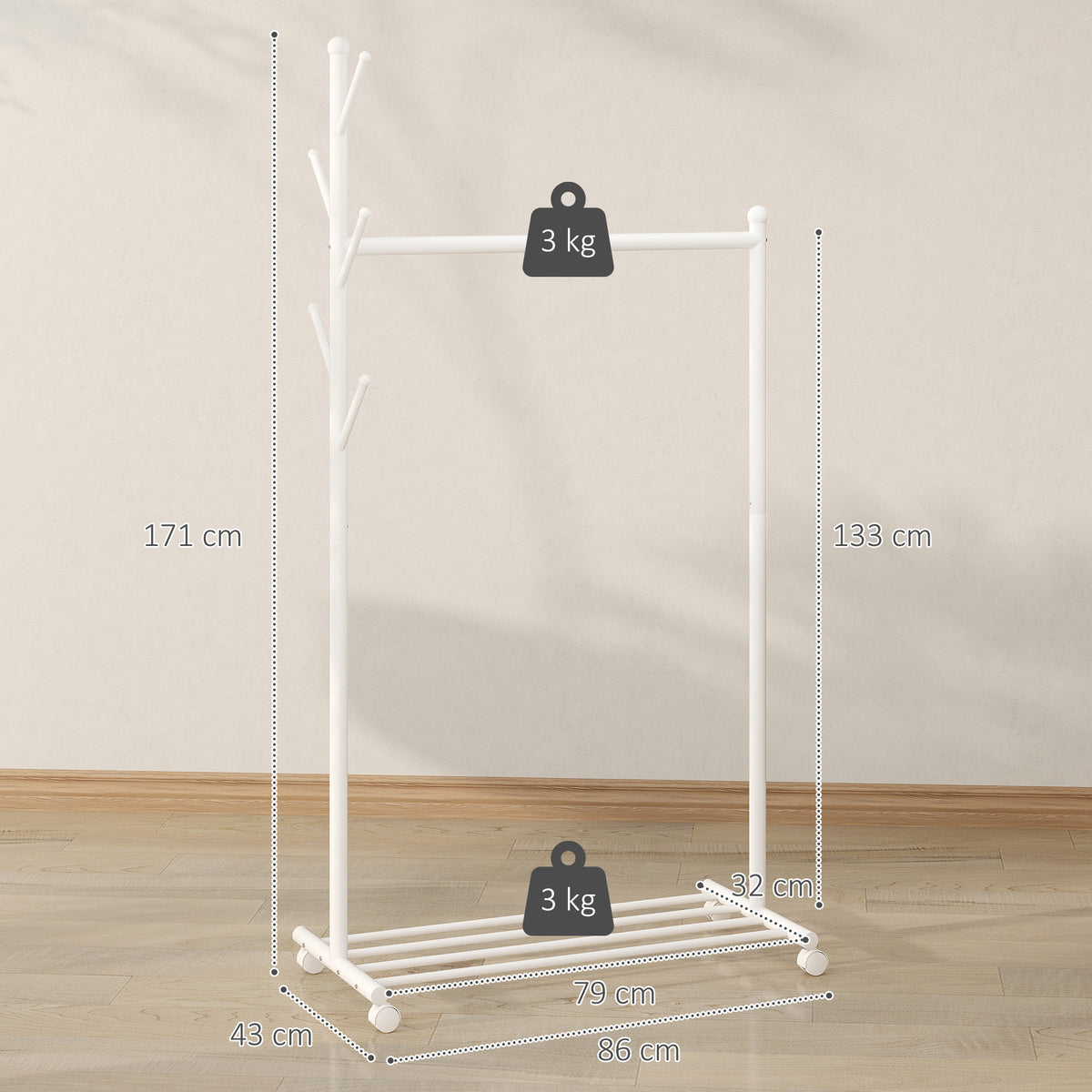 Charriot com Rodas Charriot com 5 Ganchos Barra para Pendurar e Prateleira Inferior Charriot para Dormitório Lavandaria 86x43x171 cm Branco — foto 3