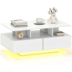 Mesa de Centro Moderna com LED Mesa de Centro com 4 Gavetas Prateleira Aberta e Luzes LED de 16 Cores para Sala de Estar 90x55x41 cm Branco Brilhante — foto 1