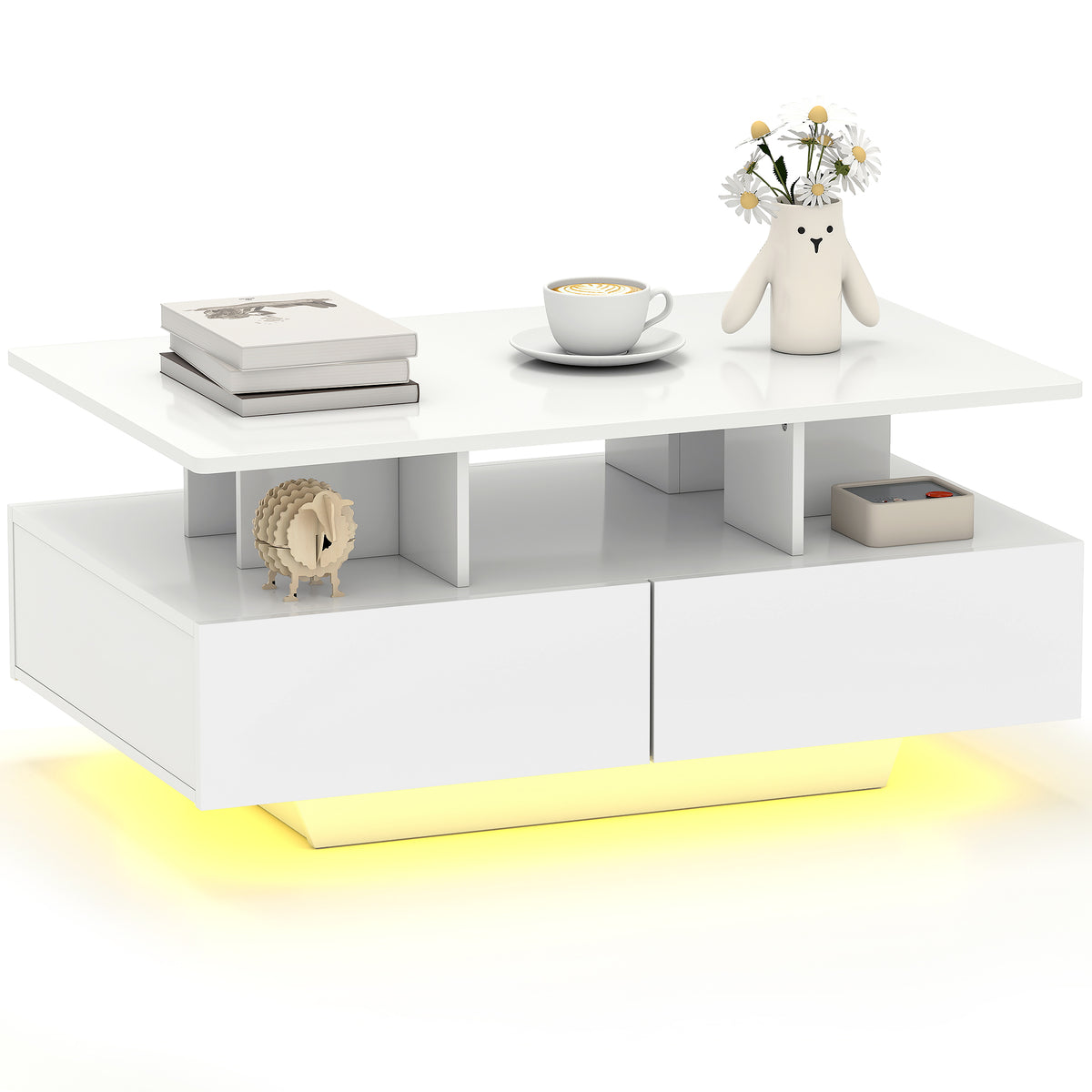 Mesa de Centro Moderna com LED Mesa de Centro com 4 Gavetas Prateleira Aberta e Luzes LED de 16 Cores para Sala de Estar 90x55x41 cm Branco Brilhante — foto 1