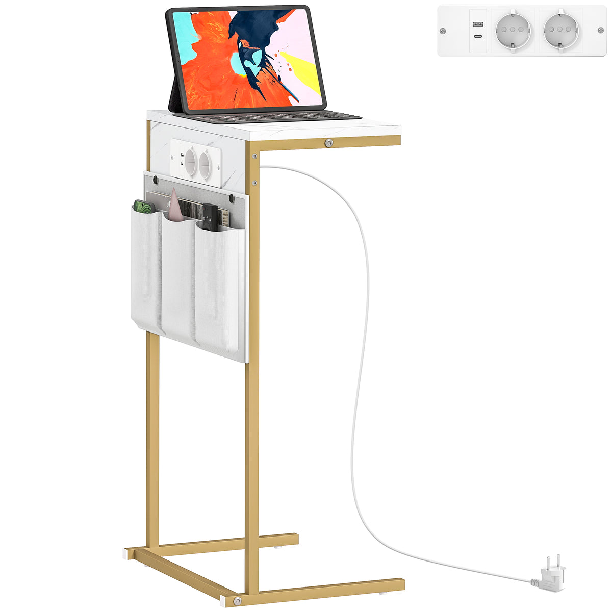 Mesa Auxiliar com Estação de Carga Mesa Lateral com 2 Entradas USB 1 Entrada USB-C e Bolsa Organizadora Mesa Auxiliar para Sala de Estar Dormitório 25,5x40x71 cm Branco — foto 1