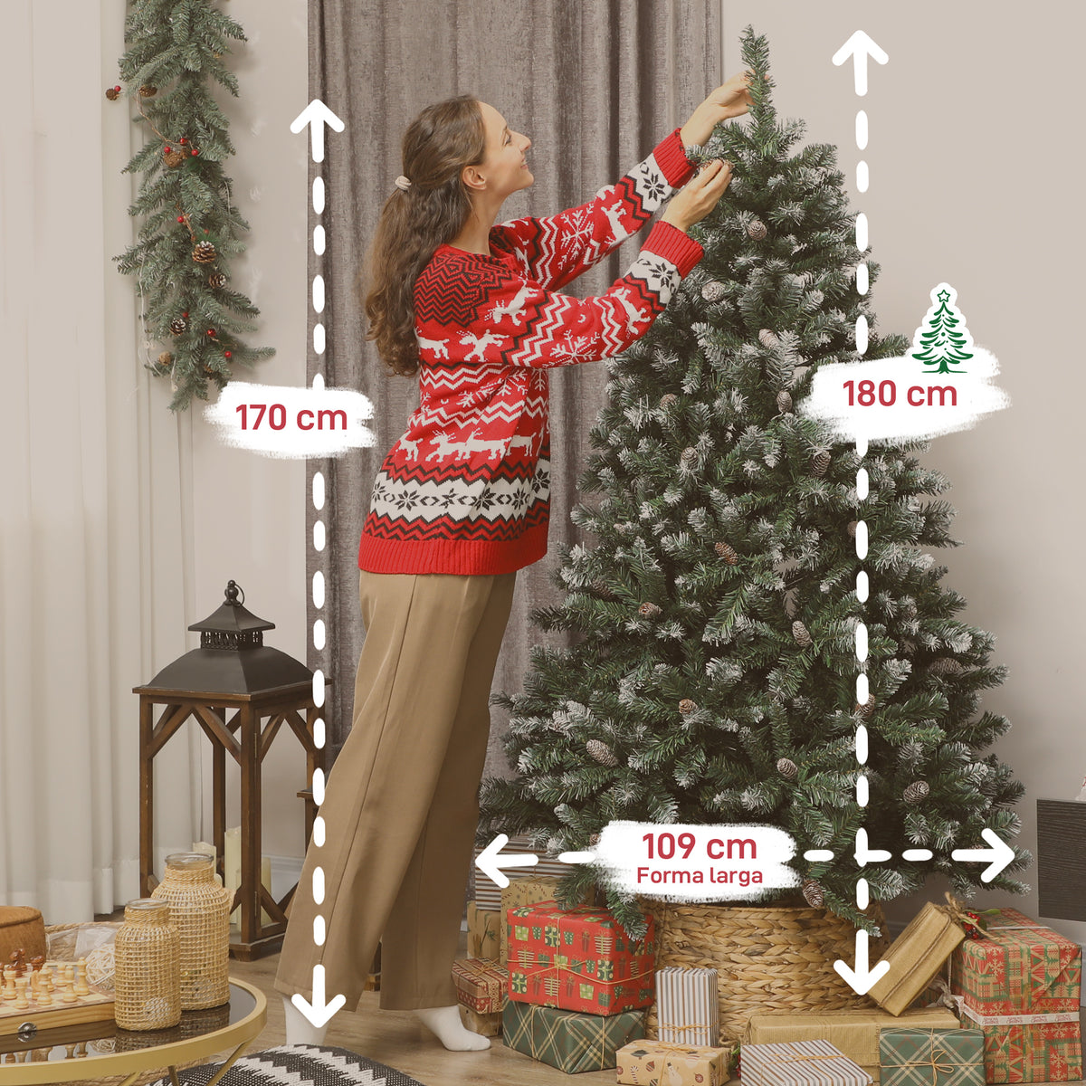 Árvore de Natal Artificial 180 cm Árvore de Natal com 910 Ramos com Efeito Neve 58 Pinhas e Suporte Metálico Dobrável Montagem Fácil para Sala Interior Verde — foto 3