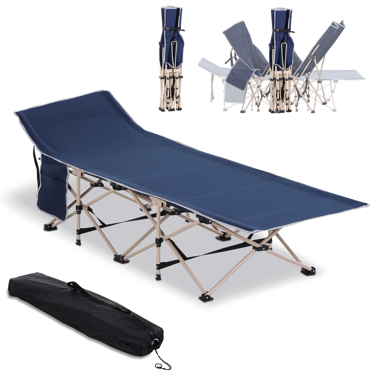 Cama de Campismo Dobrável Cama de Campismo com 1 Bolso Lateral Bolsa de Transporte e Estrutura de Aço Carga Máxima 150 kg para Praia Trilha 190x68x52 cm Azul Escuro — foto 1