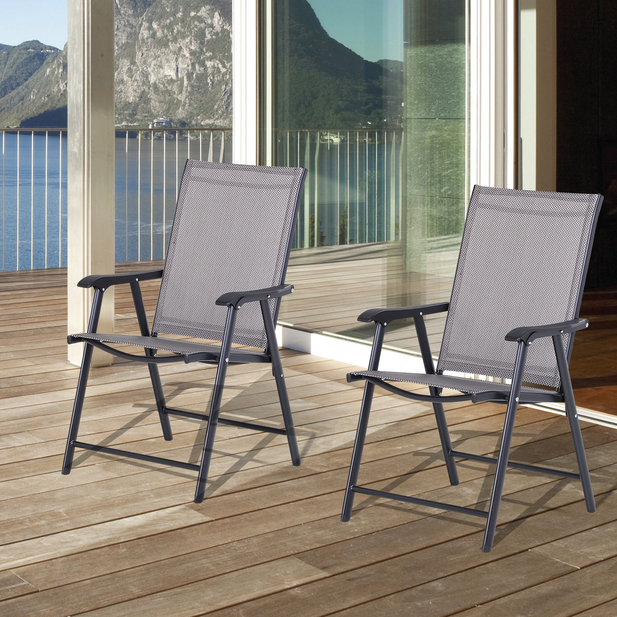 Conjunto de 2 Cadeiras Dobráveis para Exterior com Apoio para o Braço Cadeiras para Jardim com Textilene e Metal Carga 110 kg 58x64x94 cm Cinzento Claro — foto 2
