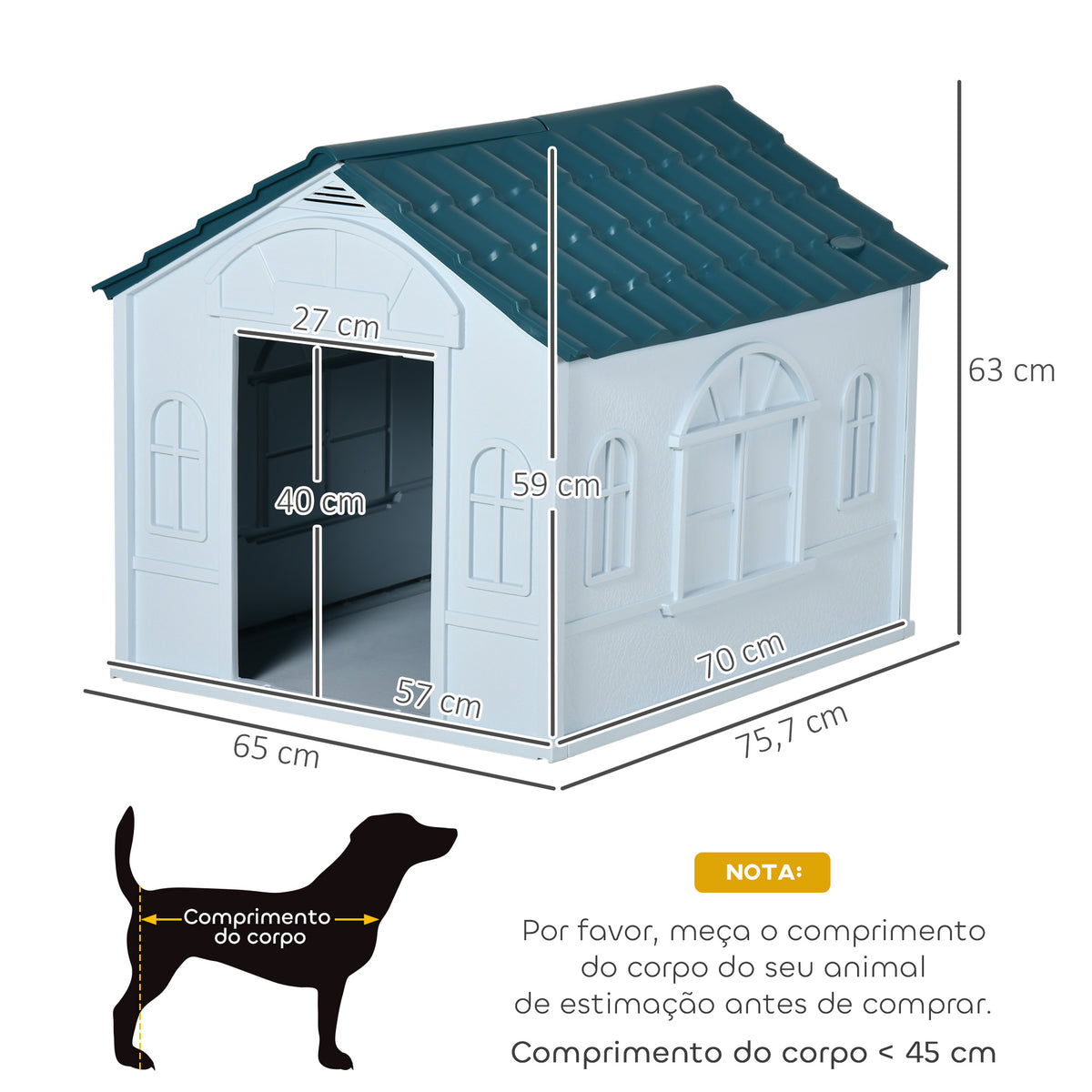 Casa para Cães 65x75,7x63 cm Casa para Cães com Janelas e Teto com Telhas de Imitação para Cães Médios Azul e Branco — foto 3
