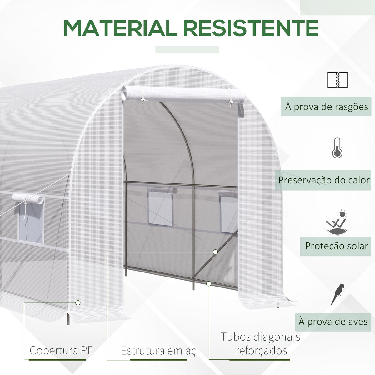Estufa Tipo Túnel 400x200x200cm Estufa de Jardim com Portas Enroláveis e 6 Janelas Cobertura de PE 140 g/m² Estrutura de Metal para Cultivo de Plantas Verduras Branco — foto 4