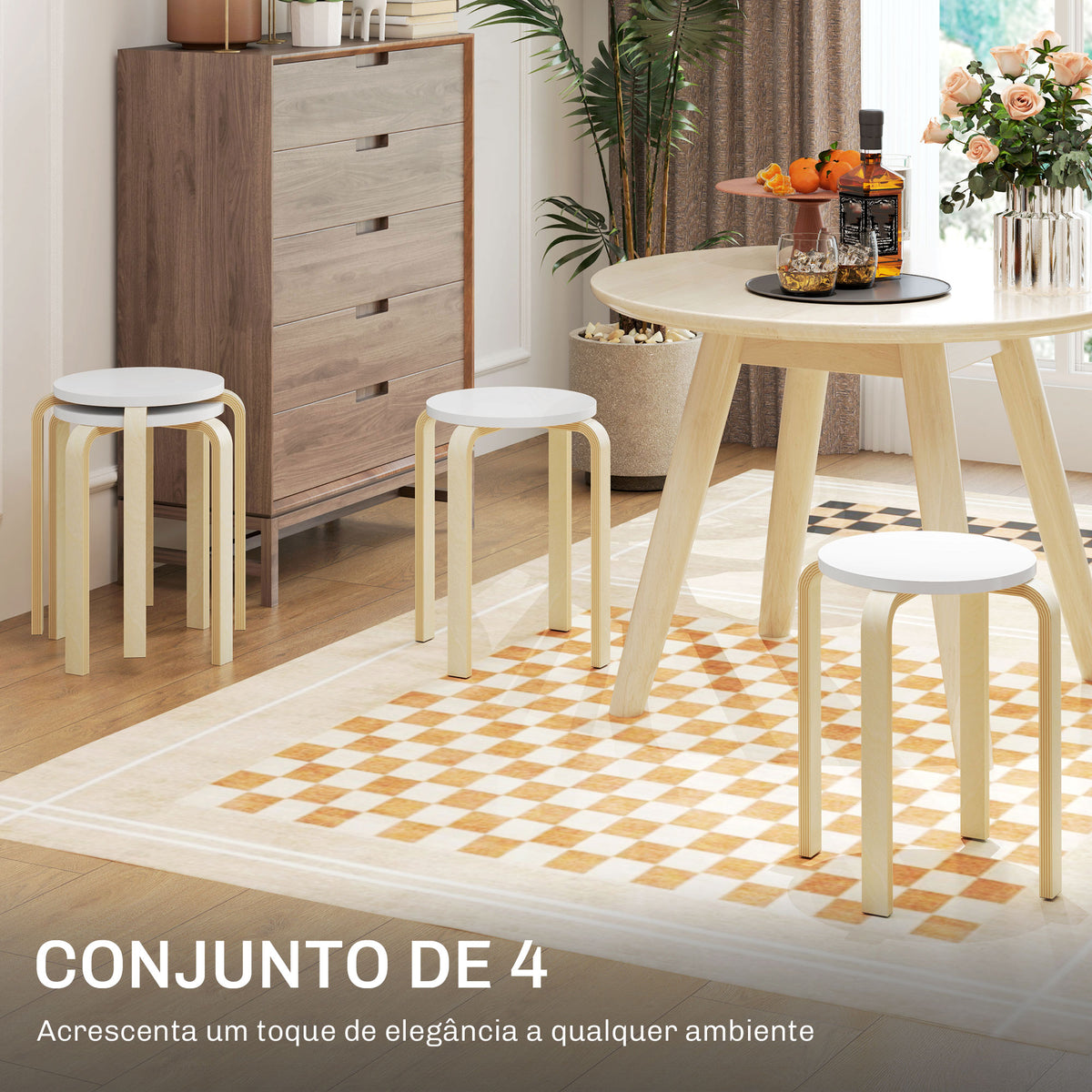 Bancos de Madeira Conjunto de 4 Bancos de Madeira Bancos Modernos Redondos Carga 120 kg para Sala de Estar Escritório Dormitório Estúdio Ø40x45 cm Madeira e Branco — foto 5