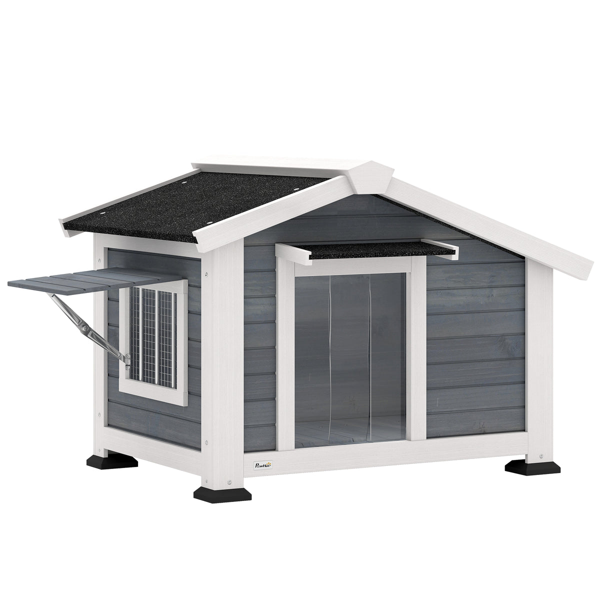 Casota para Cão Resistente às Intempéries em Madeira com Piso Removível Telhado de Betume Janela Abrível 98x76x69,5 cm Cinza — foto 1