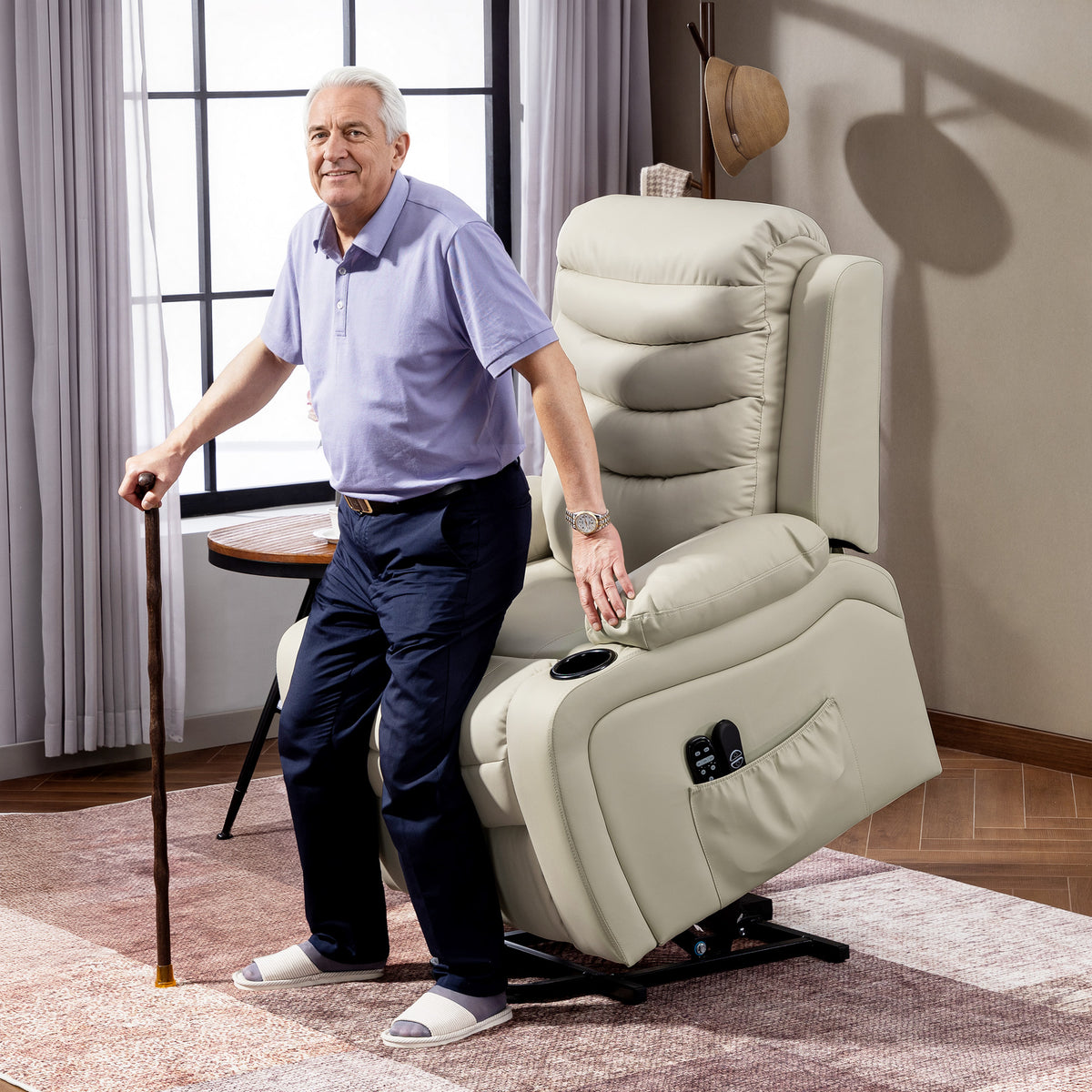 Poltrona Relax Reclinável Elétrica Elevatória com Massagem Vibratória e Aquecimento Poltrona Elevatória com Porta USB Controlo Remoto Apoio para Pés Estofada em PU Bolsos Laterais Creme — foto 2