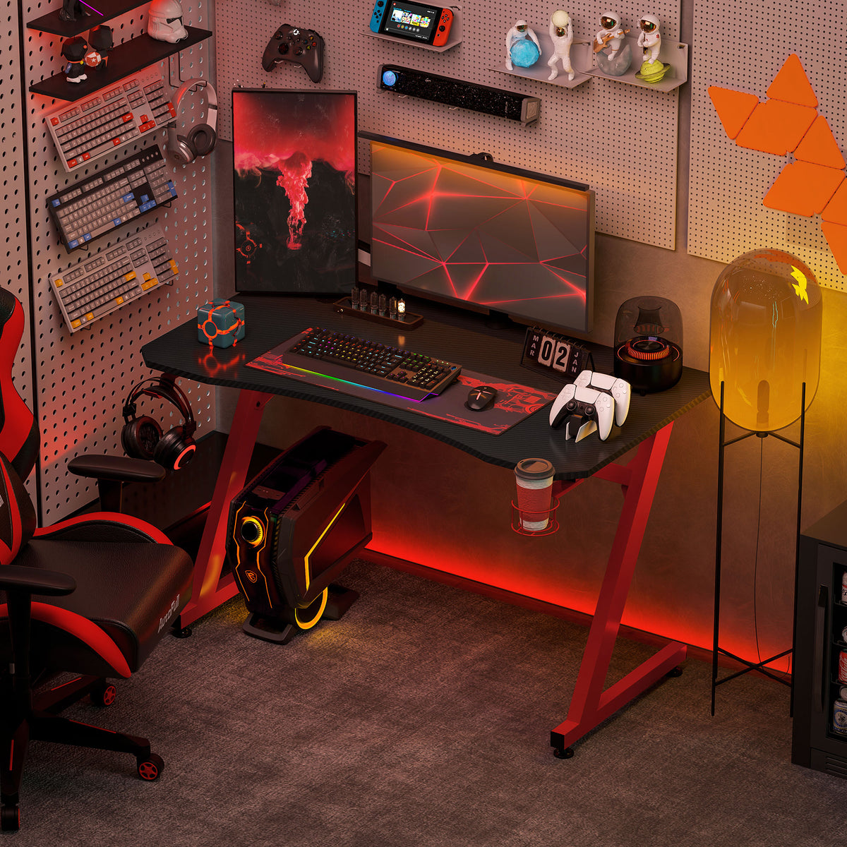 Secretária Gaming 120x65x74,5cm Secretária Gaming para Computador com Suporte para Copos Gancho para Fones de Ouvido e Pés Ajustáveis com Efeito de Fibra de Carbono Preto e Vermelho — foto 2