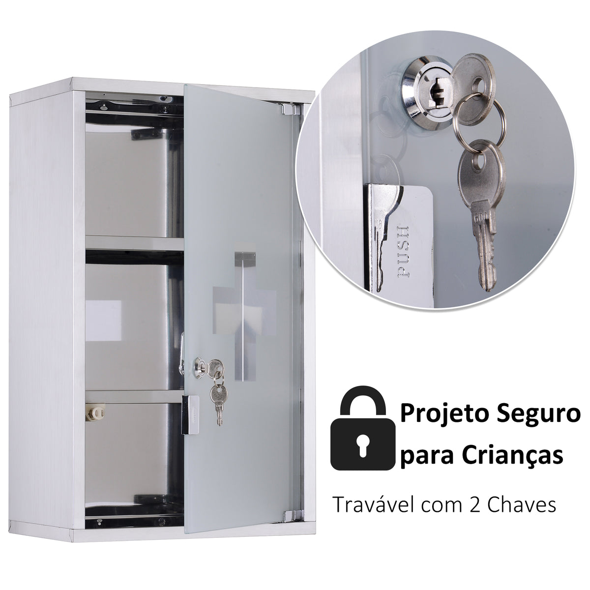 Armário de remédios de aço inoxidável montado na parede com 3 prateleiras com 2 chaves 30x18x50 cm prata — foto 4