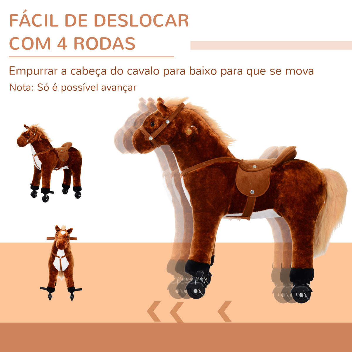 Cavalo de Brinquedo para Crianças de +3 Anos Cavalo de Brinquedo com Rodas Sons e Estrutura de Metal Carga 60kg 65x28x75 cm Castanho — foto 5