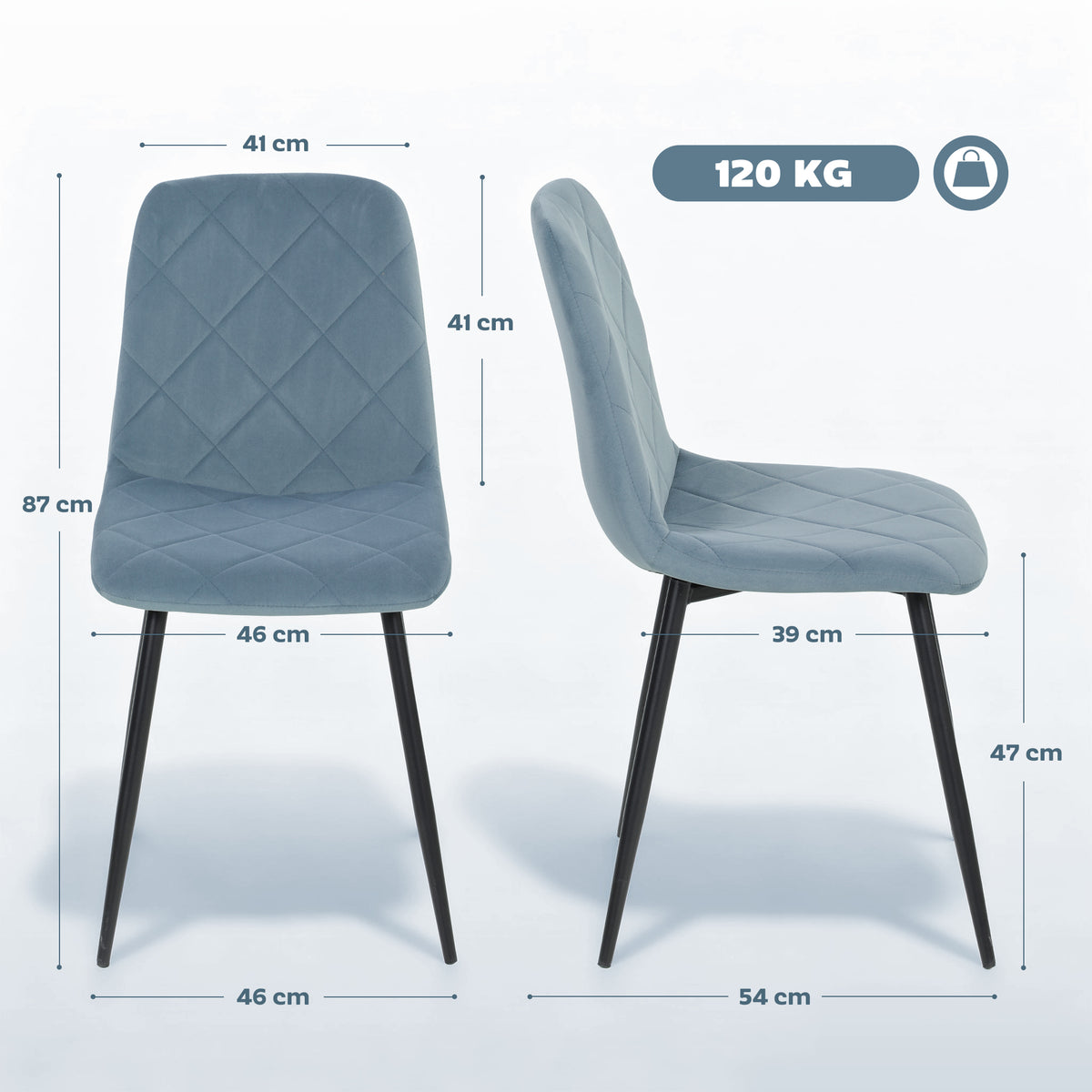 Conjunto de 4 Cadeiras de Jantar Modernas Cadeiras de Cozinha Estofadas em Veludo com Pés de Aço para Sala de Estar 45x54x87 cm Azul Claro — foto 3