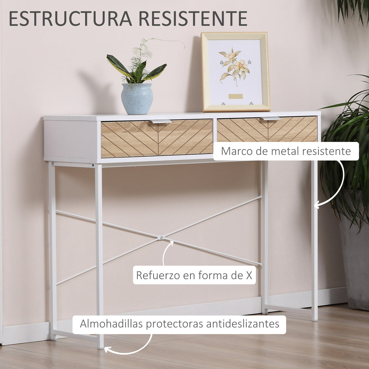 Mesa Consola 100x30x75cm Mesa de Entrada Moderno com 2 Gavetas de Armazenamento e Estrutura de Metal para Corredor Sala de Estar Branco — foto 5