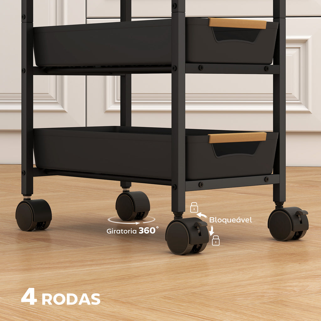 Carrinho de Cozinha de Armazenamento de 5 Níveis Carrinho Auxiliar com Rodas Bancada com Efeito Madeira e 4 Gavetas Removíveis Carrinho de Cozinha 39,5x24x82 cm Preto — foto 5