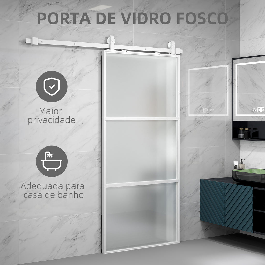 Porta de Correr com Acessórios Porta de Correr de Vidro com Mecanismo de Fecho Suave para Casa de Banho Sala de Estar Cozinha 91,4x203,2 cm Branco — foto 5