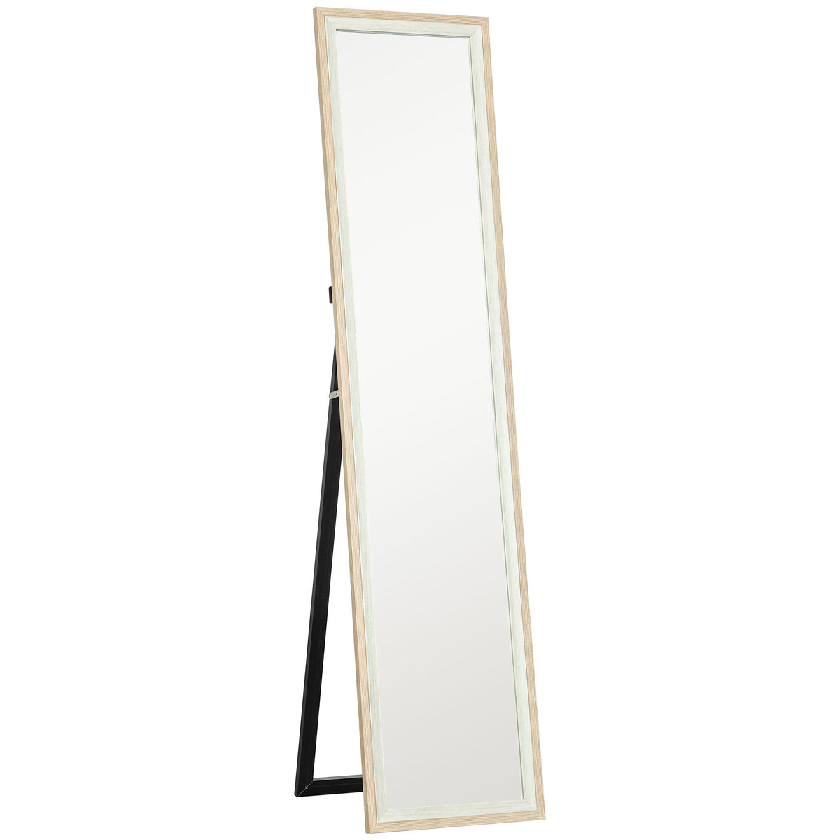 Espelho de Pé 37x157 cm Espelho de Corpo Inteiro com Estrutura de MDF e Suporte para Sala de Estar Dormitório Branco e Madeira Clara — foto 1