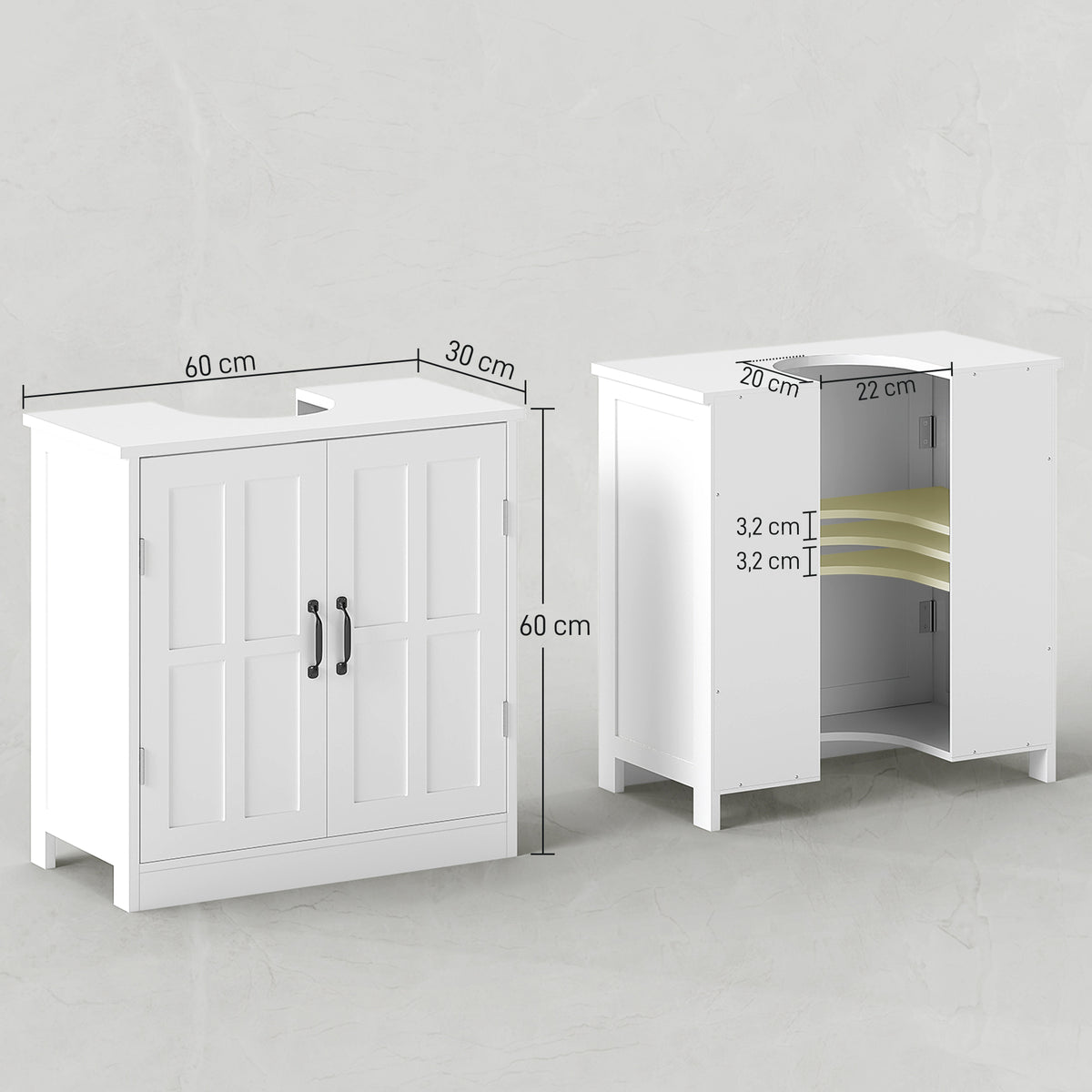 Móvel para Lavatório Pousar Armário para Casa de Banho com 2 Portas e Prateleira Interior Ajustável Capacidade 20 kg 60x30x60 cm Branco — foto 3