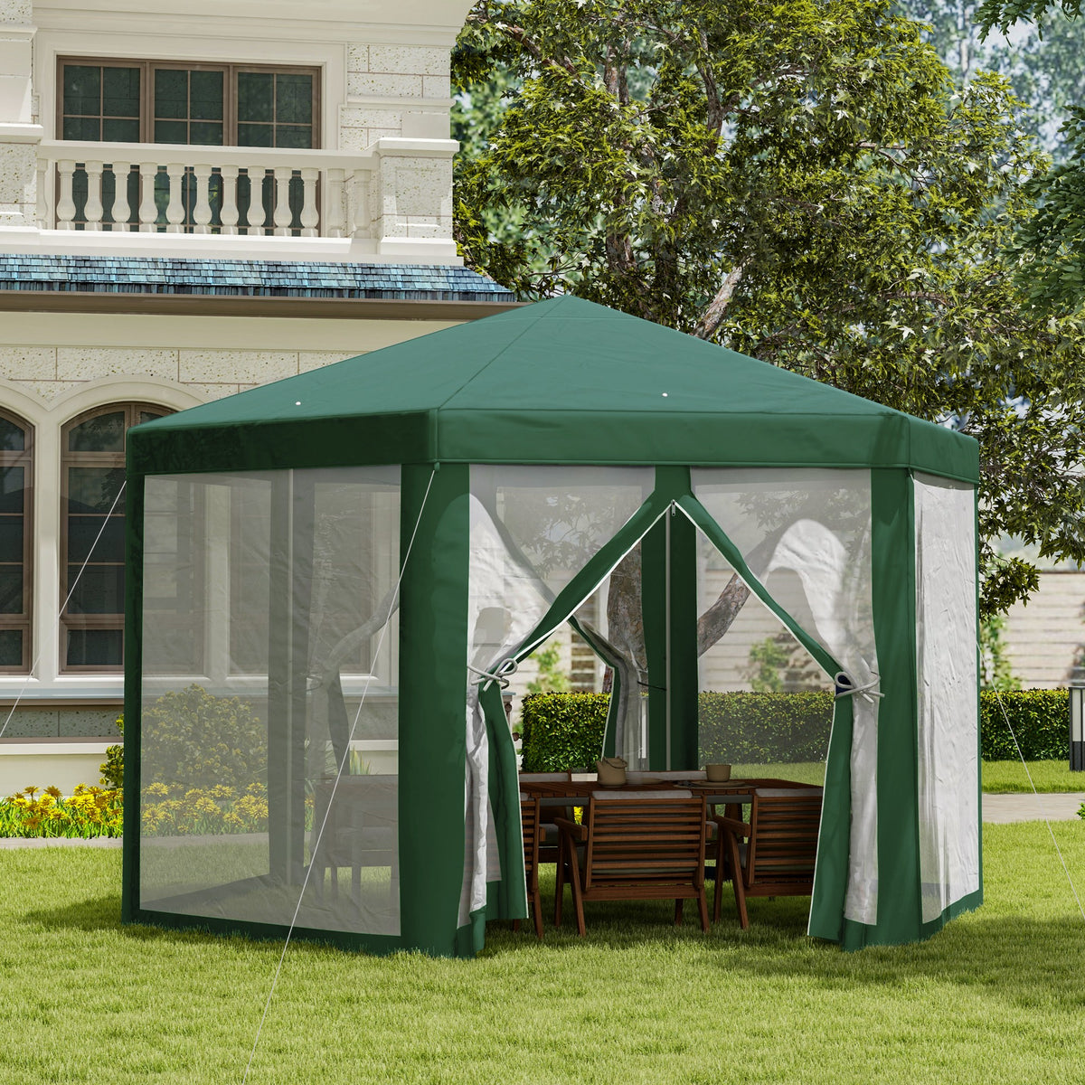 Tenda Hexagonal Tenda de Jardim com Rede Mosquiteira Portas com Zíper e Orifícios de Drenagem para Exterior Varanda 197x250 cm Verde — foto 2