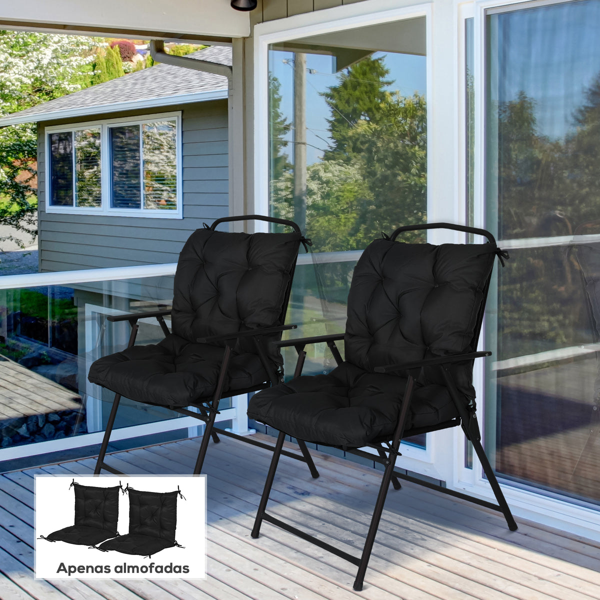 Conjunto de 2 Almofadas de Cadeira 50x98x8 cm Almofadas de Cadeira de Exterior com Encosto 6 Cordões de Fixação para Jardim Terraço Varanda Preto — foto 2