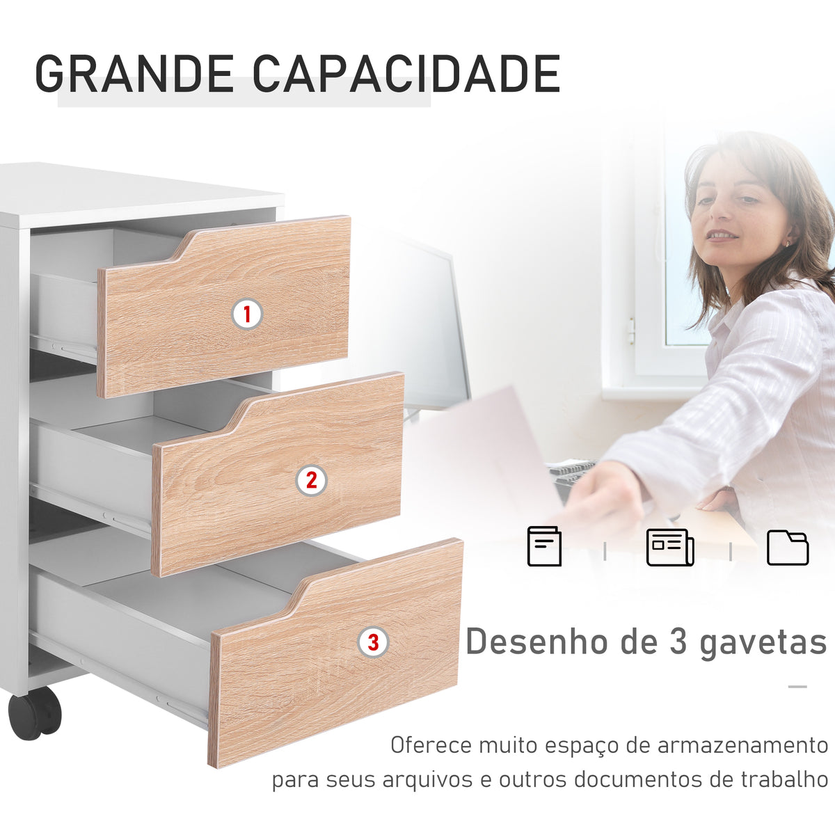 Bloco de Gavetas para Escritório Móvel de Escritório Bloco de Gavetas com 3 Gavetas e 4 Rodas 40x50x57,5 cm Madeira e Branco — foto 4