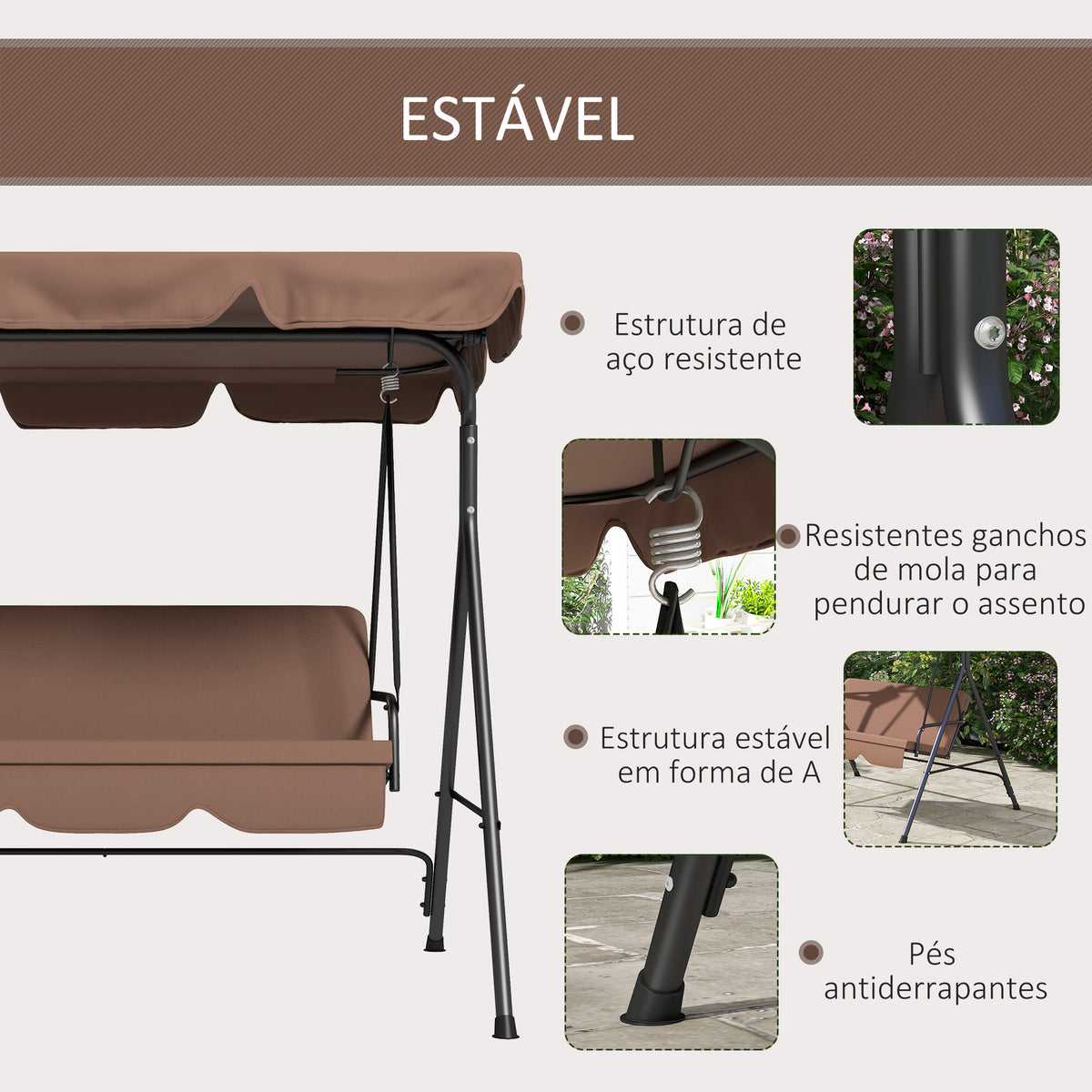 Baloiço de Jardim de 3 Lugares com Almofada Toldo Ajustável e Estrutura de Aço para Balcão Terraço Patio Carga Máx. 200 kg 172x110x153 cm Marróm — foto 5