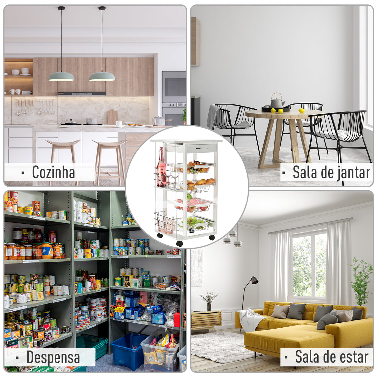 Carrinho de Cozinha com Rodas Carrinho Auxiliar com Gaveta 4 Cestas Amovíveis de Metal e Prateleiras Laterais 47x37x83 cm Branco — foto 5