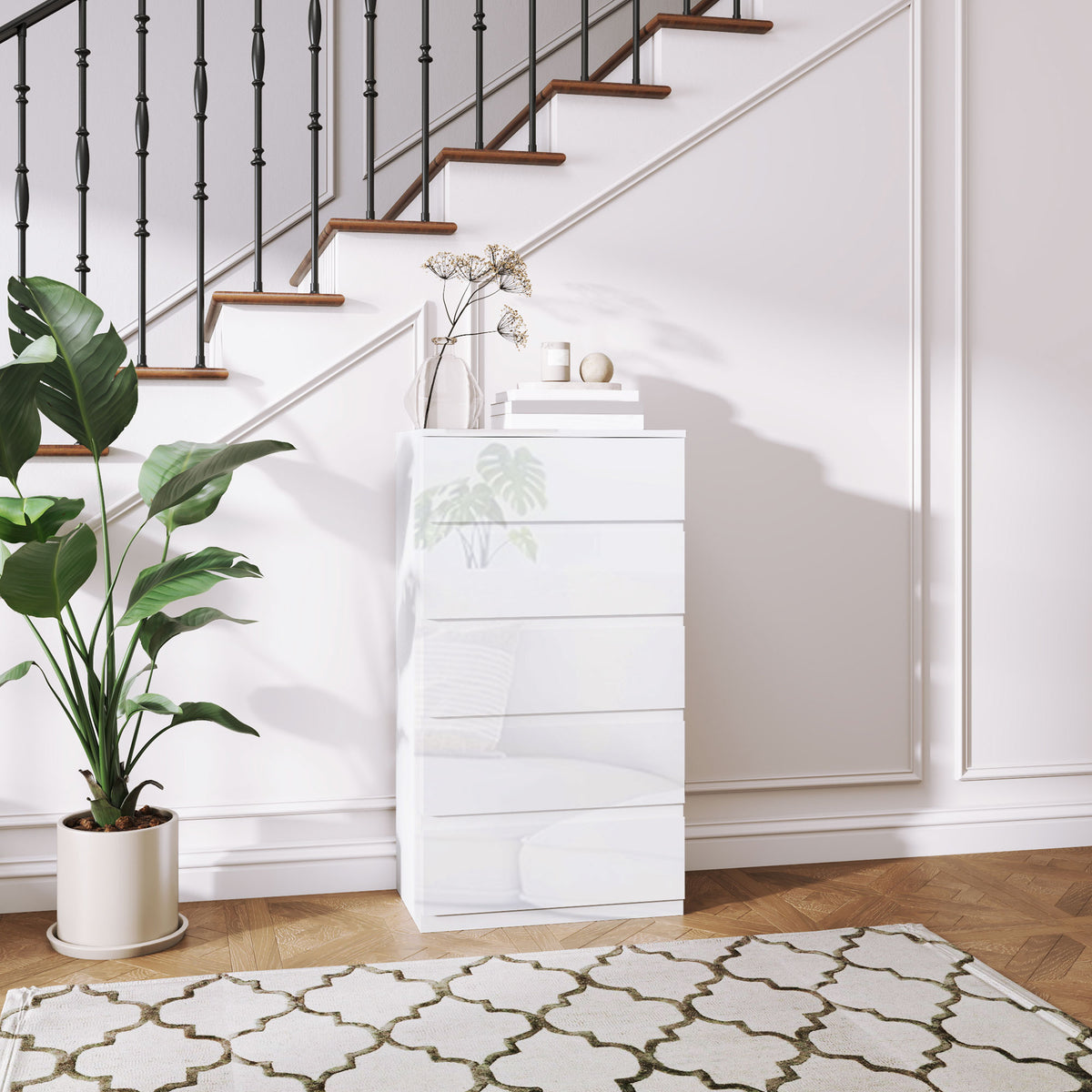 Cómoda com 5 Gavetas de Madeira Cómoda de Dormitório Cómoda Branca para Sala de Estar Estilo Moderno 55x33x100 cm Branco Brilhante — foto 2