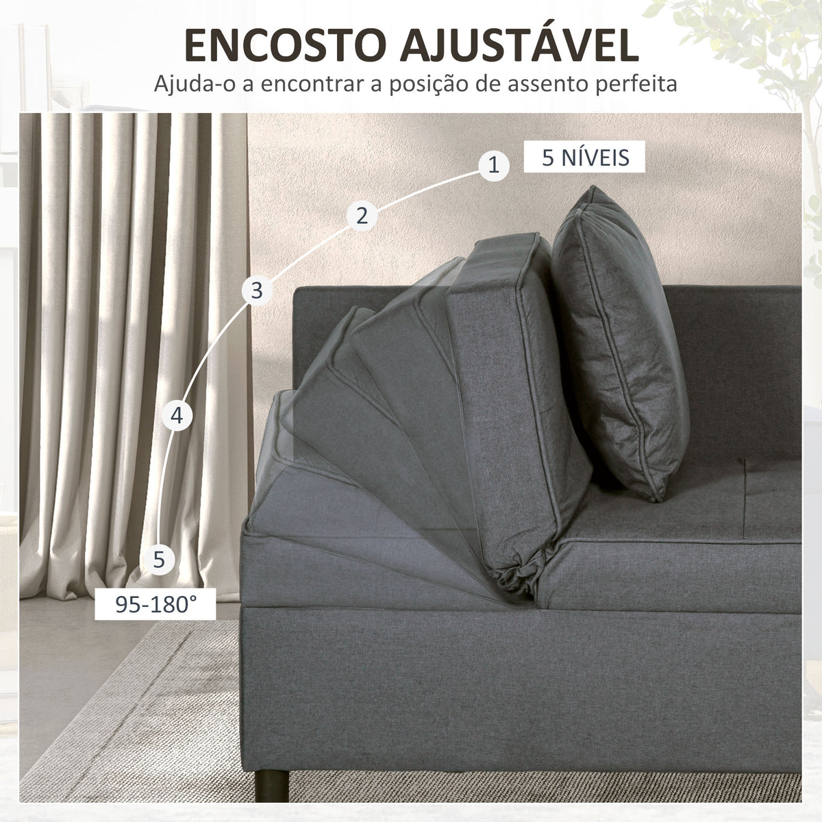 Sofá Cama 3 em 1 Sofá de 2 Lugares com Encosto Ajustável Sofá Cama Individual com Almofadas para Dormitório Sala de Estar 65x98x69 cm Cinzento — foto 5