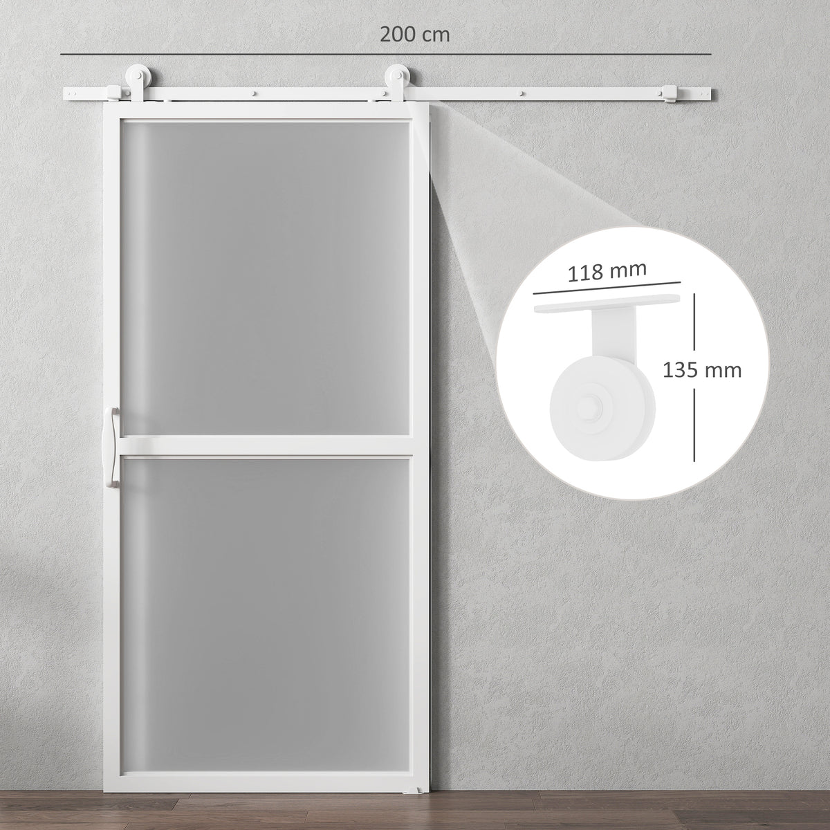 Ferragem para Porta de Correr 200cm Kit de Acessórios para Porta Corredeira com 2 Trilhos de Aço de Carbono Carga Máxima 100kg 200x40x0,6 cm Branco — foto 3
