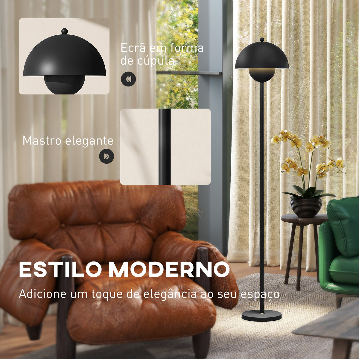 Candeeiro de Pé Moderno 155 cm Candeeiro de Pé para Sala com Ecrã em Forma de Taça Refletora de Luz Interruptor de Pé Suporte E27 sem Lâmpada para Quarto Escritório Sala de Estar Ø35x155 cm Preto — foto 4