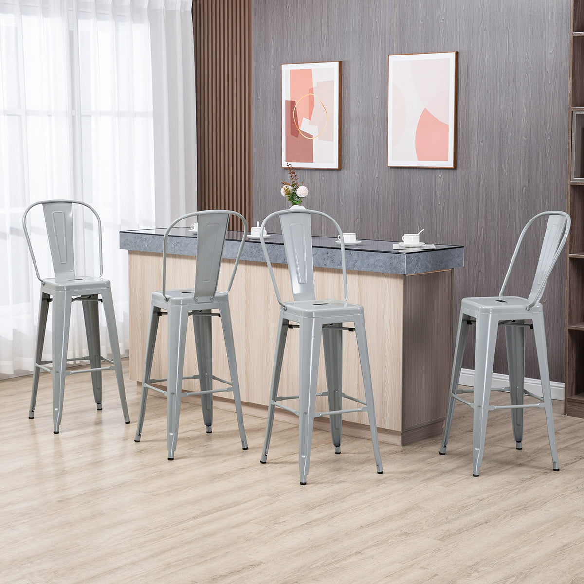 Conjunto de 4 Bancos Altos de Cozinha de Metal Bancos de Bar com Encosto Alto e Apoio para os Pés para Sala de Jantar Carga 120kg 44x49x116 cm Cinza — foto 2