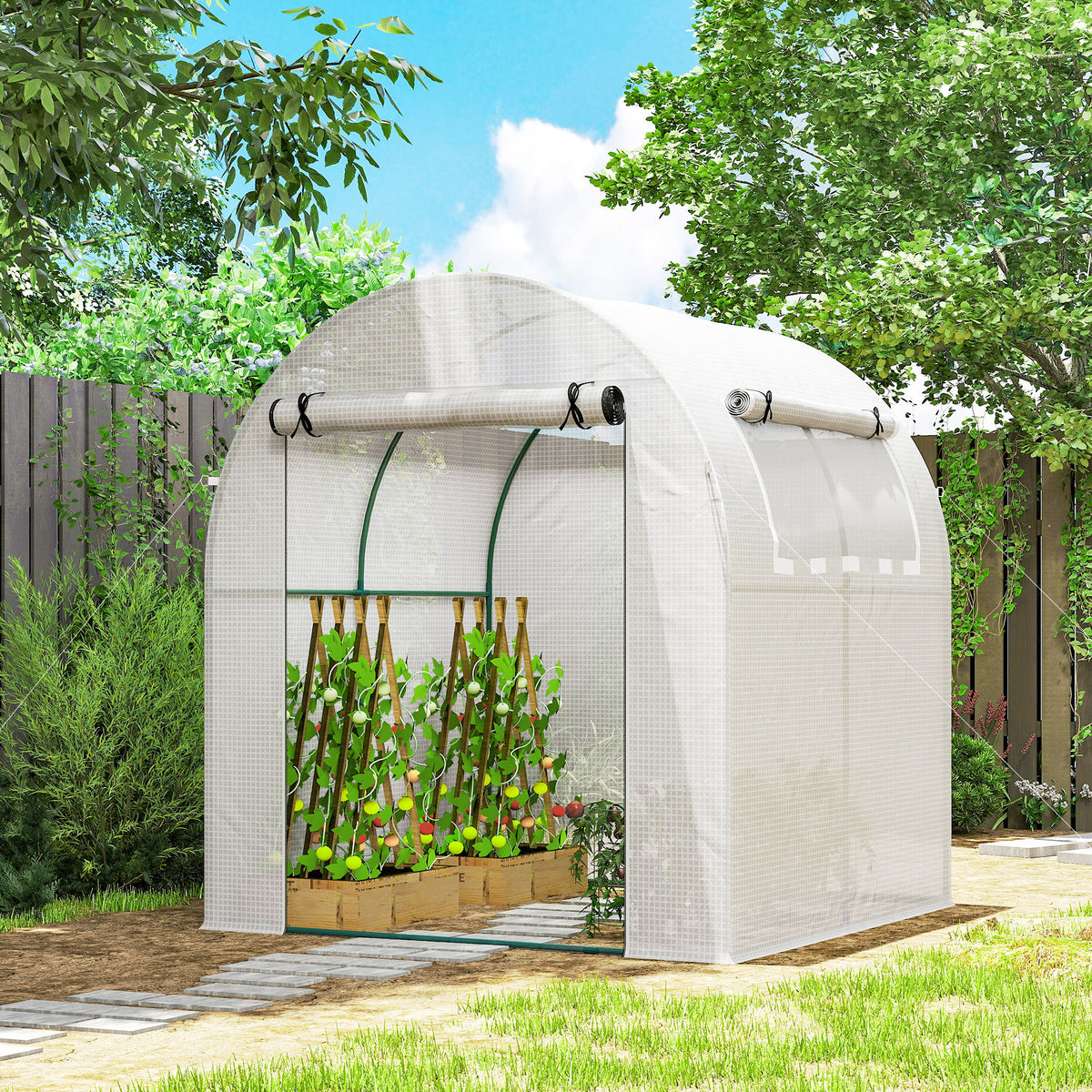 Estufa de Jardim 180x180x200 cm Estufa Tipo Túnel Pequena com Porta Enrolável e Janela de Malha para Cultivar Plantas Flores Branco — foto 2