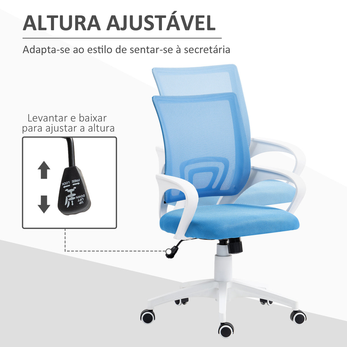 Cadeira de Escritório de Malha Cadeira de Escritório Giratória com Altura Ajustável Função Basculante e Apoio para os Braços Cadeira de Estúdio Carga 120 kg 57x55x89-109 cm Azul — foto 4