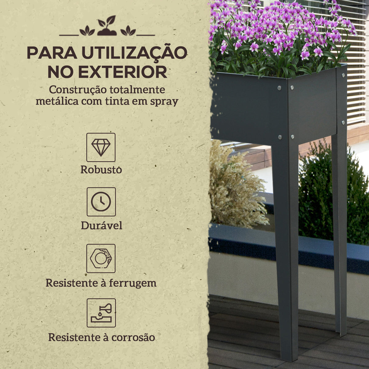 Horta Urbana Elevada para Jardim e Terraço, Floreira Retangular Elevada, Mesa de Cultivo para Plantas, Legumes e Flores com 3 Orifícios de Drenagem, 100x30x80 cm, Cinzento — foto 5