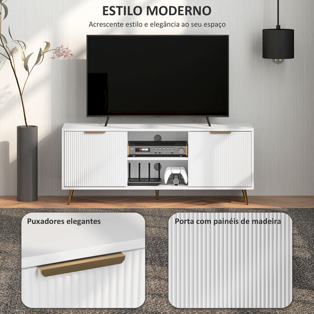 Móvel de TV Moderno Móvel de TV para Sala de Estar com 2 Compartimentos Abertos e 2 Portas Móvel para Televisores de 55 Polegadas 120x35x48 cm Branco — foto 4