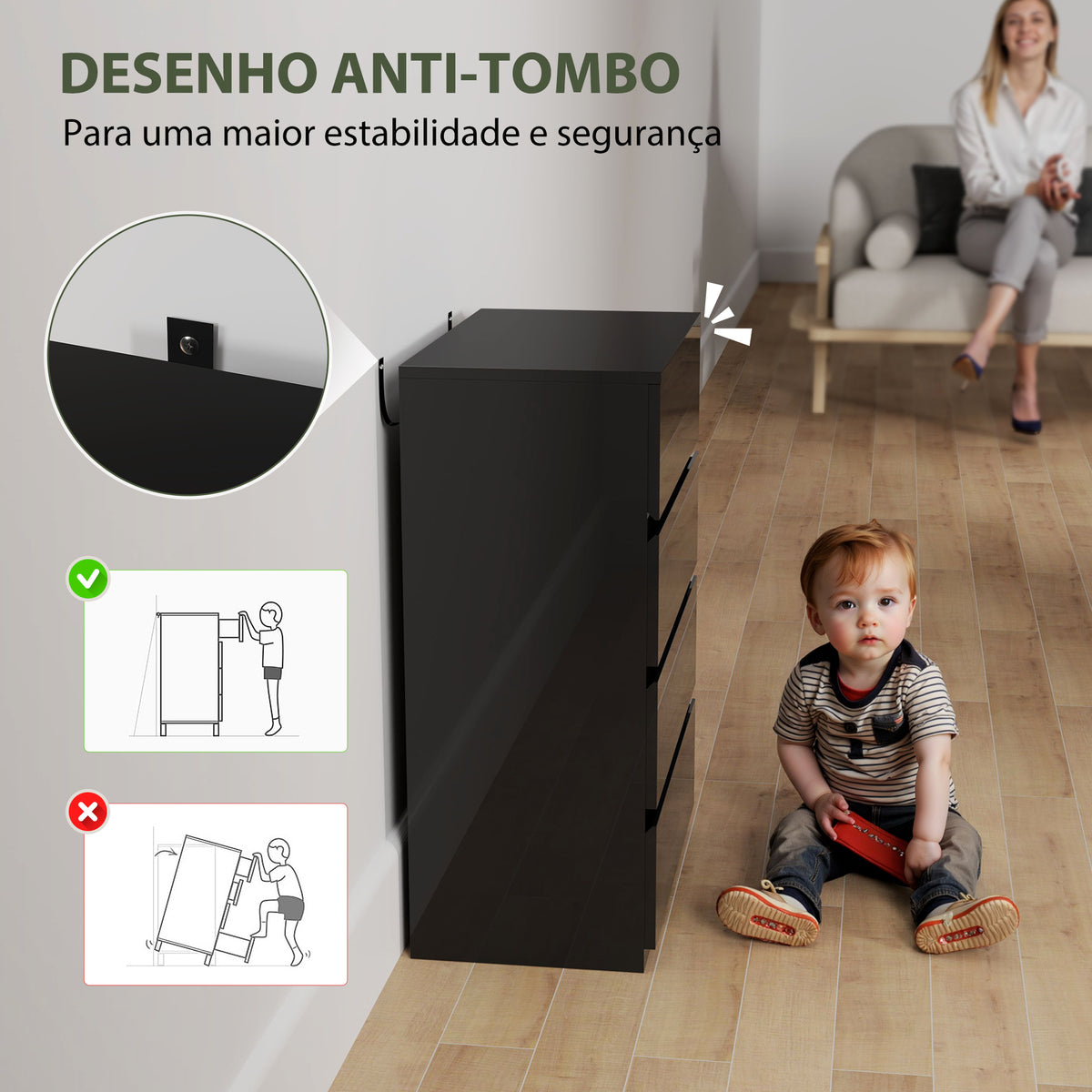 Cómoda com 4 Gavetas de Madeira Cómoda de Dormitório Cómoda Preta para Sala de Estar Estilo Moderno 55x34x80 cm Preto — foto 6