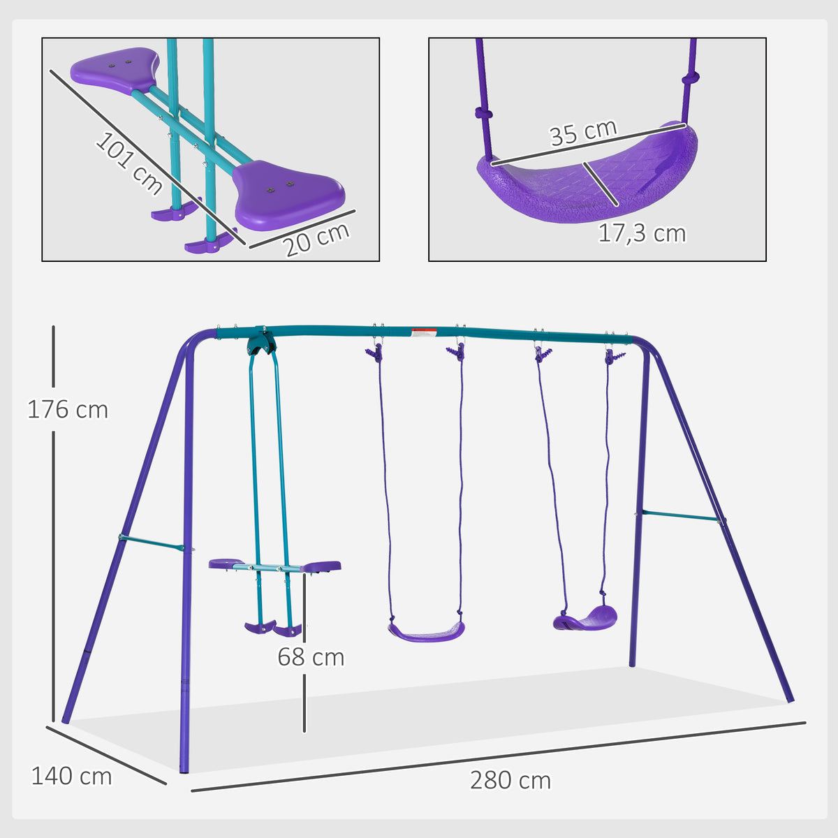 Conjunto de Baloiços de Jardim de Metal com Altura Ajustável Baloiços para Crianças acima de 3 Anos com Baloiço Duplo Baloiço para Pátio Exterior 280x140x178 cm Azul e Roxo — foto 3