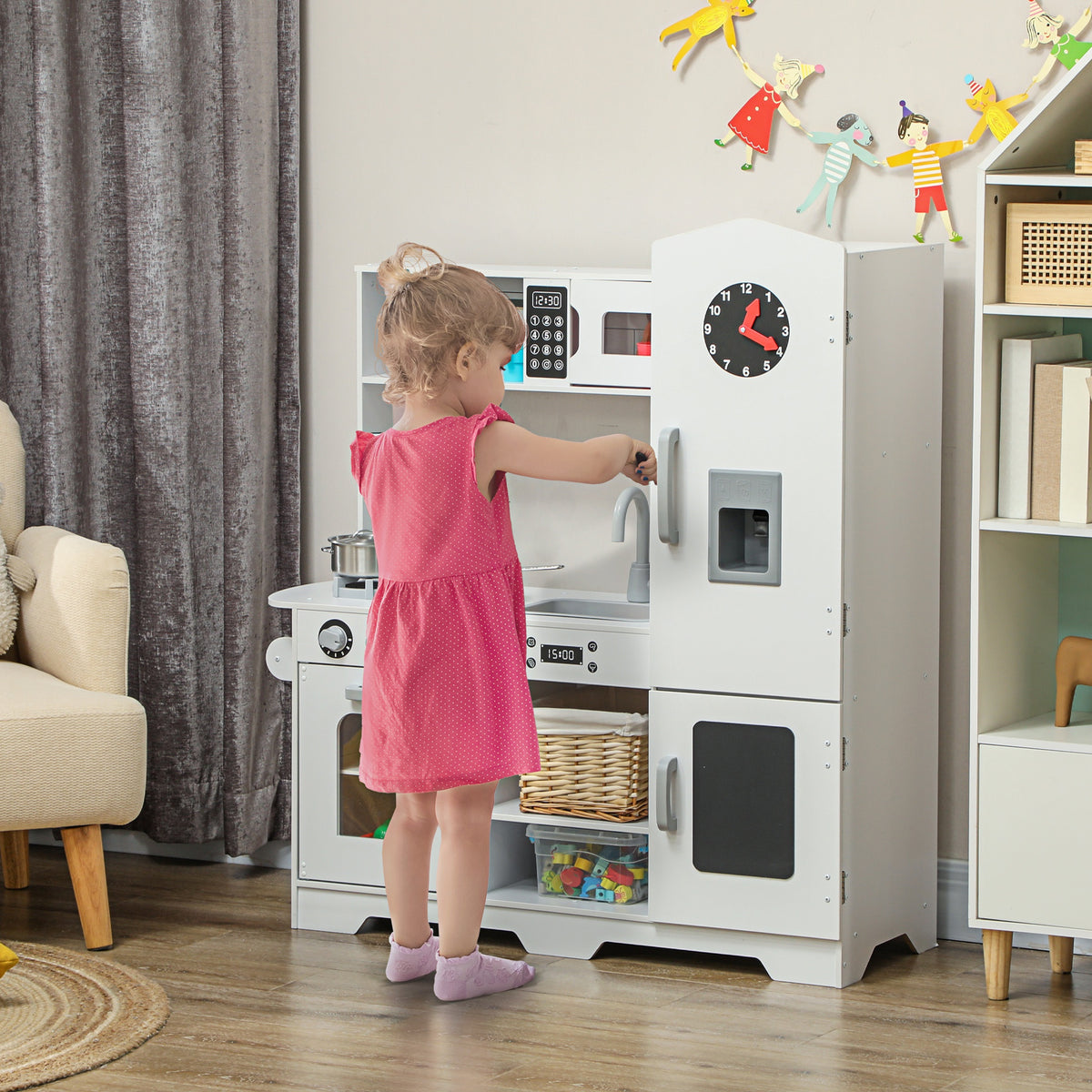 Cozinha de Madeira para Crianças acima de 3 Anos Cozinha Infantil com Fogão Lavatório Micro-Ondas Relógio Máquina de Gelo e Acessórios 100,5x41x110 cm Branco — foto 2