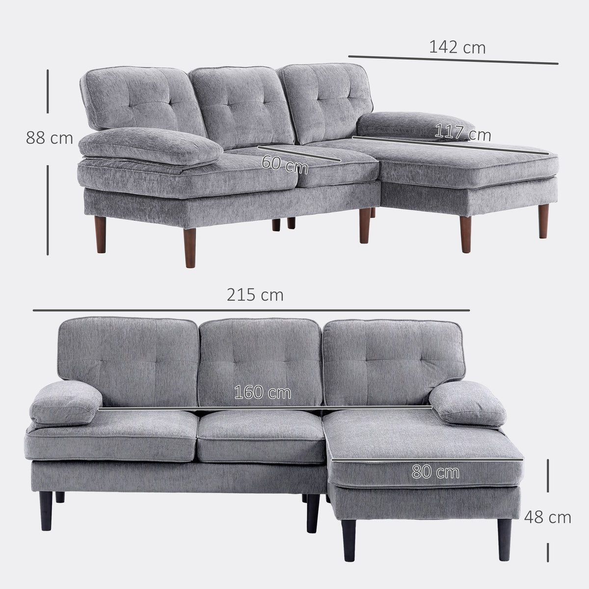 Sofá de Canto com Chaise Longue em Forma de L Estofado em Poliéster Sofá de Canto com Apoios de Braço para Sala de Estar Capacidade 250 kg 215x142x88 cm Cinza — foto 3