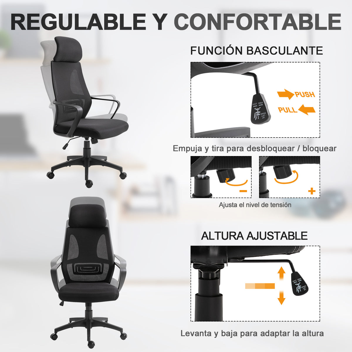 Cadeira de escritório ergonômica Cadeira de mesa inclinável ajustável em altura com encosto de braço Encosto de cabeça 5 rodas Suporta até 120 kg 64x58x116-126 cm Preto — foto 4