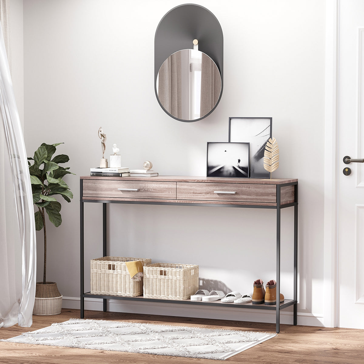 Mesa Tipo Consola Estreita Consola de Estilo Industrial com 2 Gavetas e Prateleira Inferior para Entrada Corredor Escritório 120x30x81,5cm Carvalho e Preto — foto 2